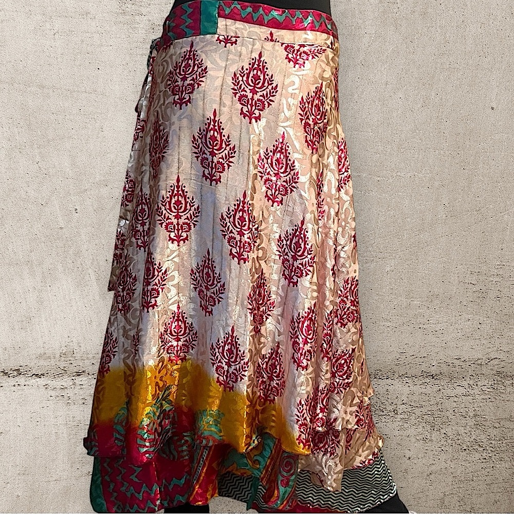 Gypsy silk ren fair Multicolor Women's below knee reversible wrap vintage Skirt